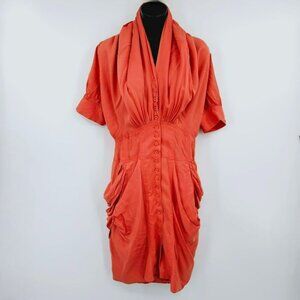 TOV Ruched Button Front Dress S Orange Shawl Neck Bustle Back Pockets Cotton New